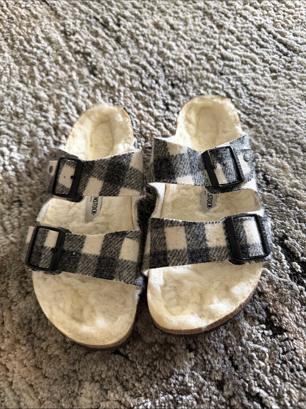 Womens  BirkenstocPlaid Fleece Lined Slide Sandals - Black & White